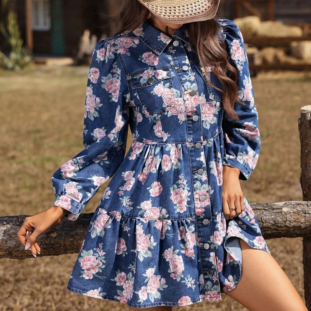 Light Wash Boho Women's Floral Print Single-Breasted Ruffle Casual Denim Dress - Picture 4 of 6